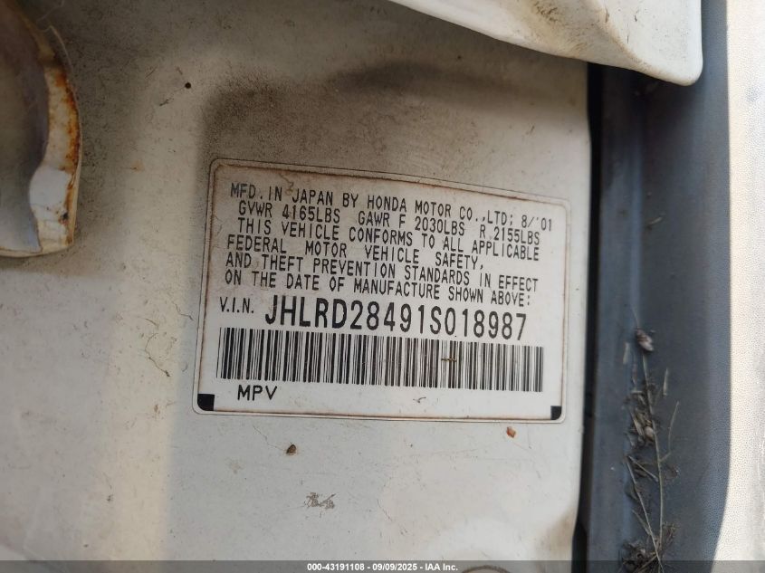 2001 Honda Cr-V Lx VIN: JHLRD28491S018987 Lot: 43191108