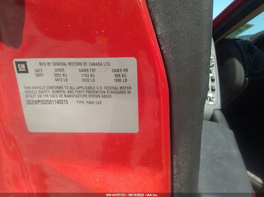2008 Pontiac Grand Prix VIN: 2G2WP552581149313 Lot: 43191121