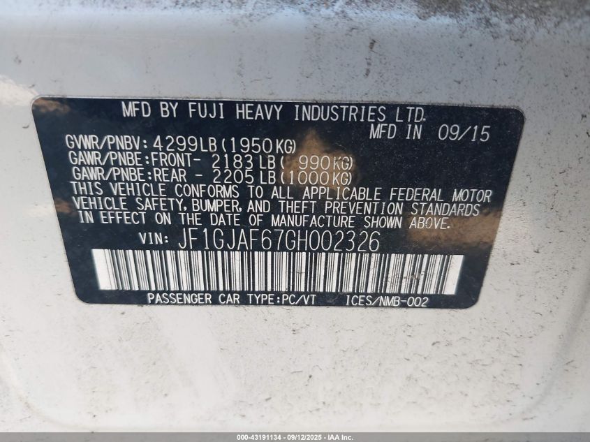 2016 Subaru Impreza 2.0I Premium VIN: JF1GJAF67GH002326 Lot: 43191134