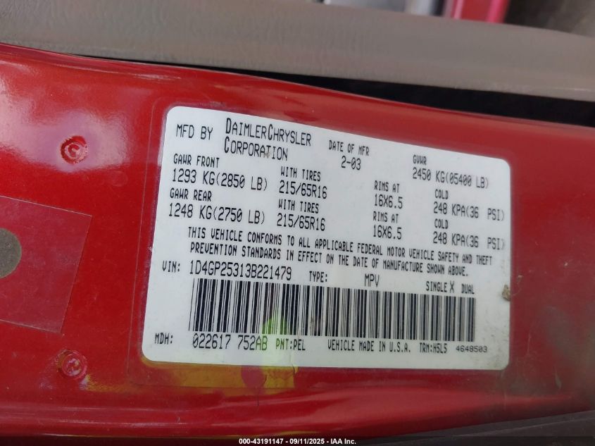 2003 Dodge Caravan Se VIN: 1D4GP25313B221479 Lot: 43191147