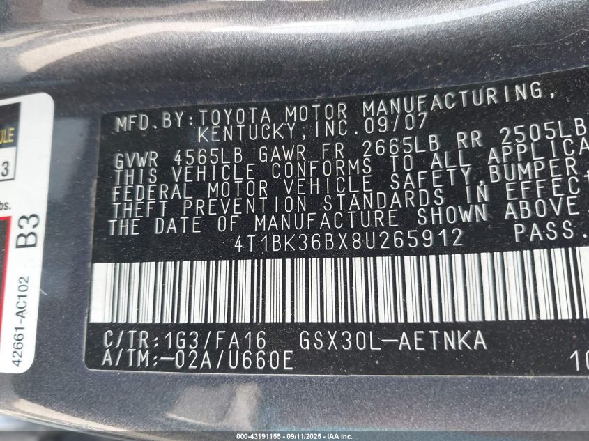 2008 Toyota Avalon Xl VIN: 4T1BK36BX8U265912 Lot: 43191155