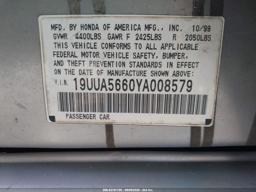 2000 Acura Tl 3.2 VIN: 19UUA5660YA008579 Lot: 43191198