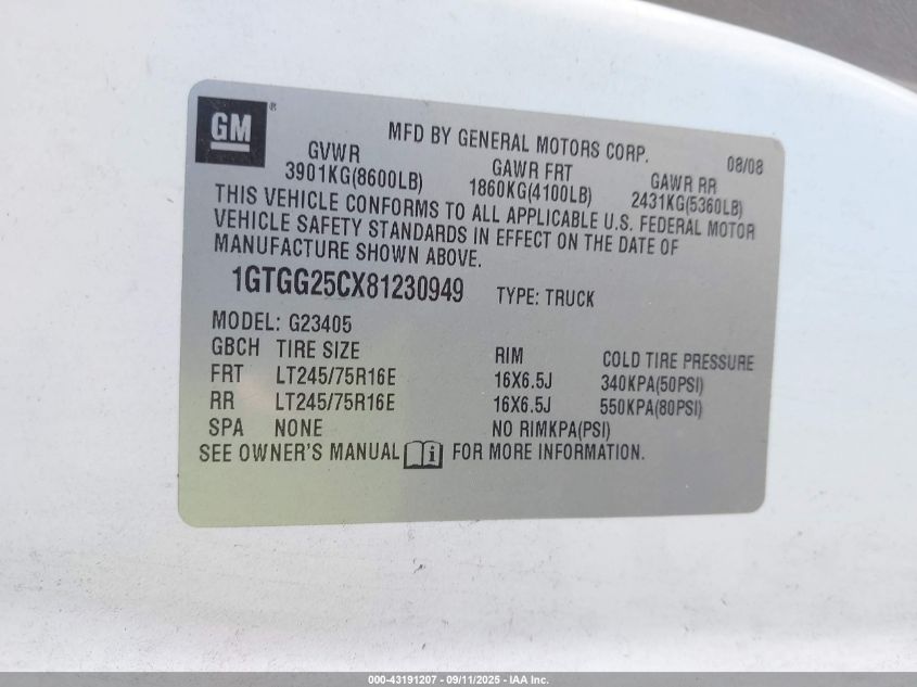 2008 GMC Savana Work Van VIN: 1GTGG25CX81230949 Lot: 43191207