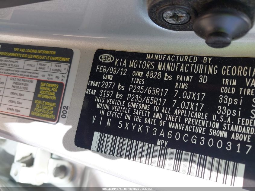 2012 Kia Sorento Lx VIN: 5XYKT3A60CG300317 Lot: 43191275