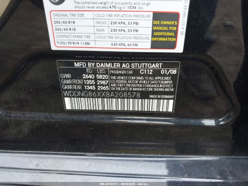 2008 Mercedes-Benz S 550 4Matic VIN: WDDNG86XX8A208578 Lot: 43191311
