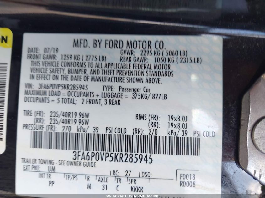 2019 Ford Fusion Sport VIN: 3FA6P0VP5KR285945 Lot: 43191314