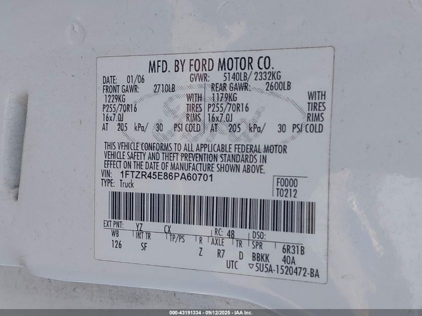 2006 Ford Ranger Fx4 Level Ii/Fx4 Off-Road/Sport/Xlt VIN: 1FTZR45E86PA60701 Lot: 43191334