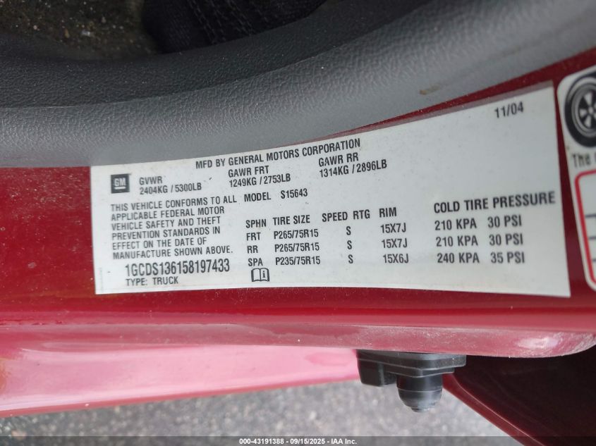 2005 Chevrolet Colorado Ls VIN: 1GCDS136158197433 Lot: 43191388