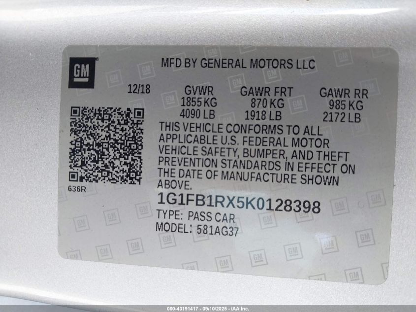 2019 Chevrolet Camaro 1Lt VIN: 1G1FB1RX5K0128398 Lot: 43191417