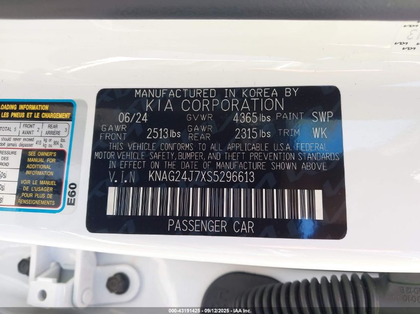 2025 Kia K5 Lxs VIN: KNAG24J7XS5296613 Lot: 43191425