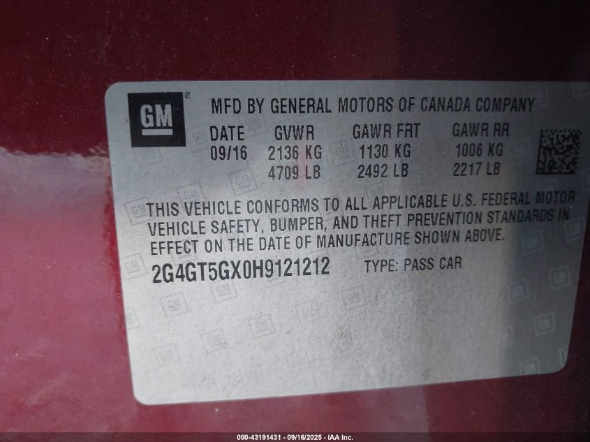 2017 Buick Regal Turbo Gs VIN: 2G4GT5GX0H9121212 Lot: 43191431