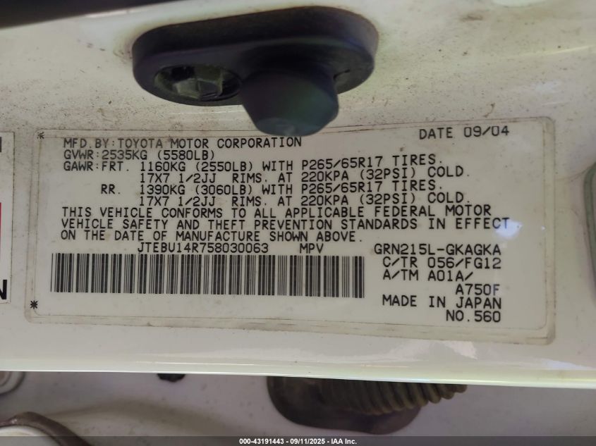 2005 Toyota 4Runner Sr5 V6 VIN: JTEBU14R758030063 Lot: 43191443