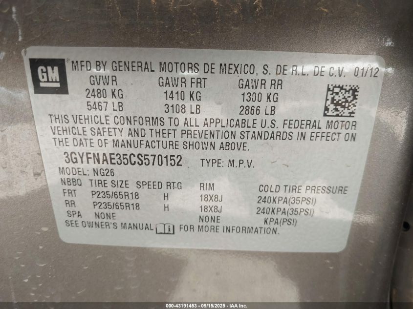 2012 Cadillac Srx Luxury Collection VIN: 3GYFNAE35CS570152 Lot: 43191453