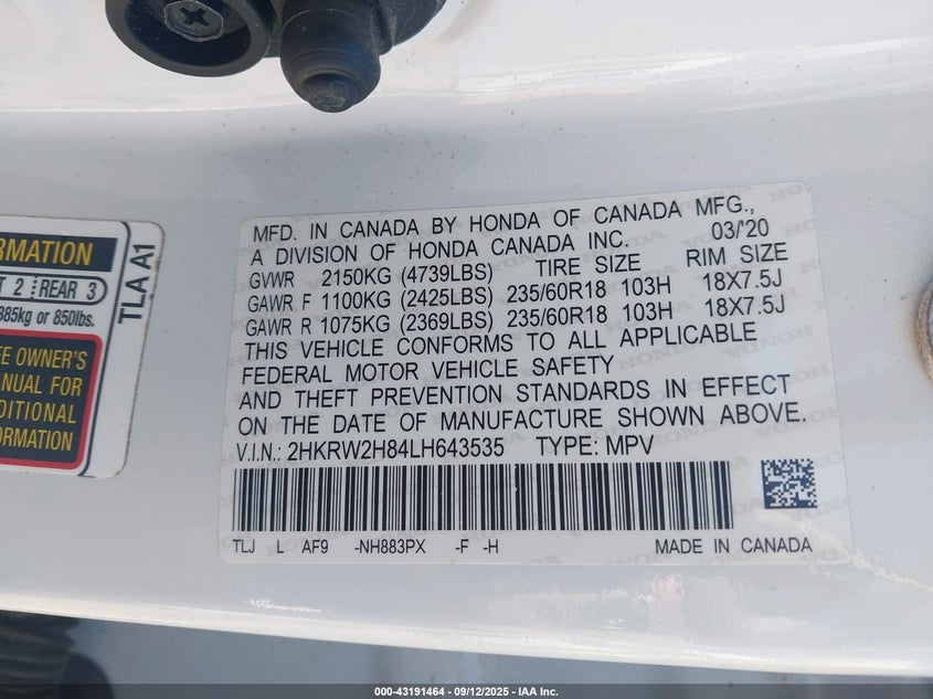 2020 Honda Cr-V Awd Ex-L VIN: 2HKRW2H84LH643535 Lot: 43191464