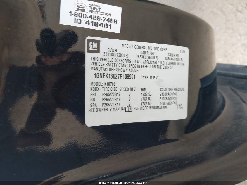 2007 Chevrolet Tahoe Lt VIN: 1GNFK13027R108901 Lot: 43191480
