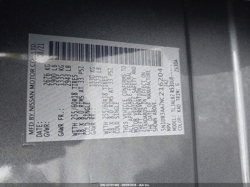 2022 Nissan Pathfinder S 2Wd VIN: 5N1DR3AA7NC216204 Lot: 43191495