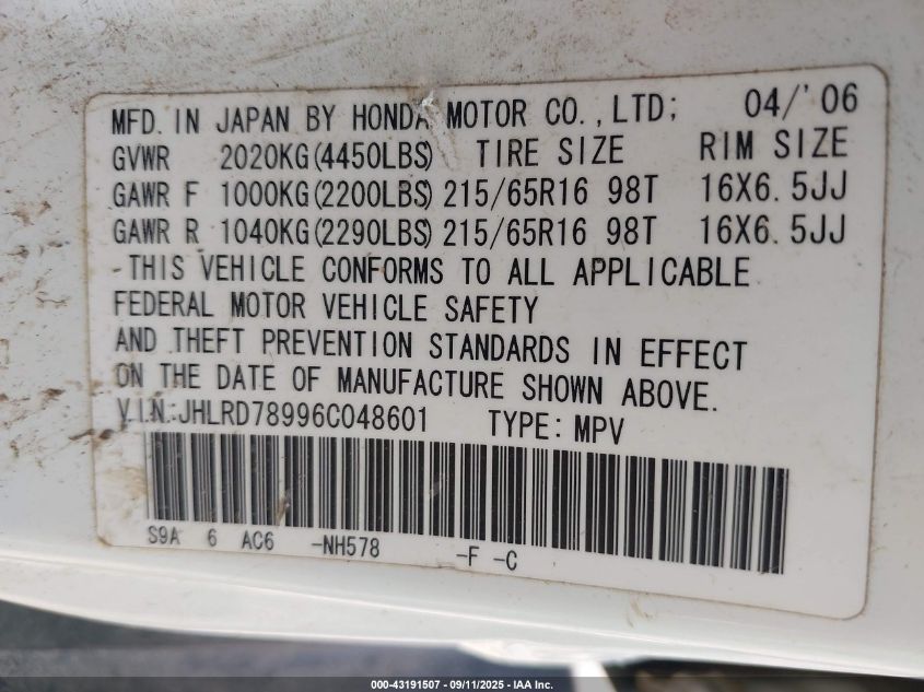 2006 Honda Cr-V Se VIN: JHLRD78996C048601 Lot: 43191507