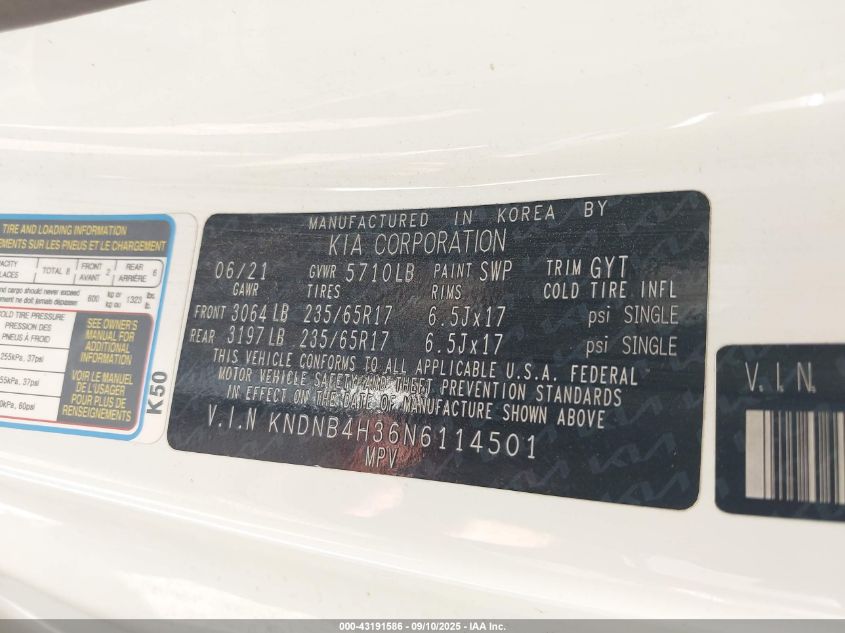 2022 Kia Carnival Mpv Lx Seat Package VIN: KNDNB4H36N6114501 Lot: 43191586