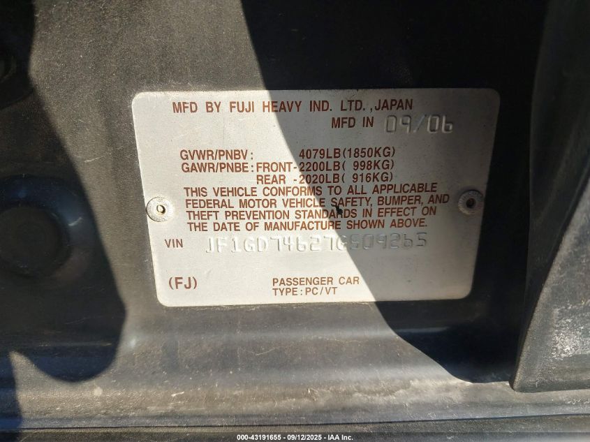 2007 Subaru Impreza Wrx Limited VIN: JF1GD74627G509265 Lot: 43191655