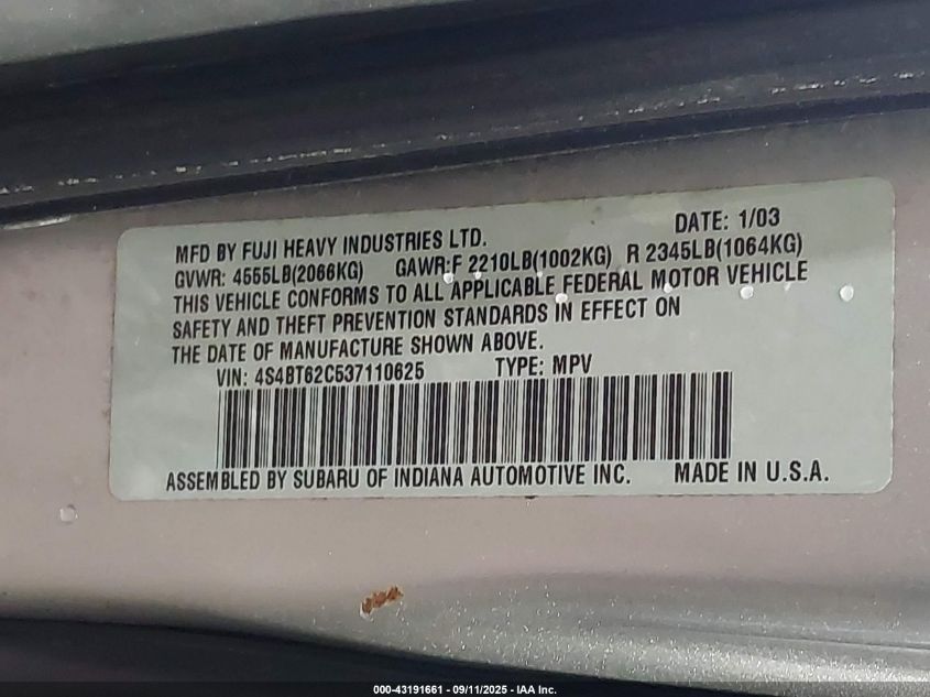 2003 Subaru Baja Sport VIN: 4S4BT62C537110625 Lot: 43191661