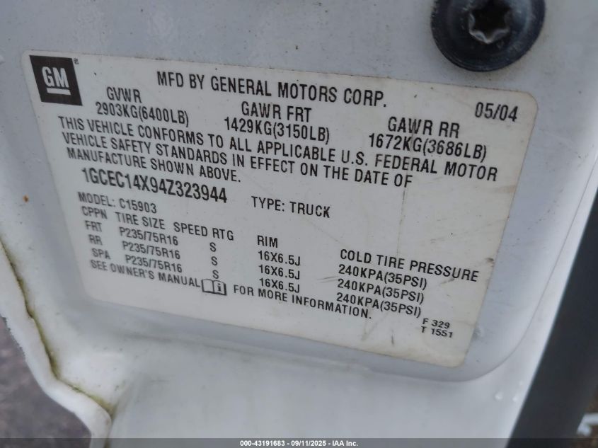 2004 Chevrolet Silverado 1500 Work Truck VIN: 1GCEC14X94Z323944 Lot: 43191683