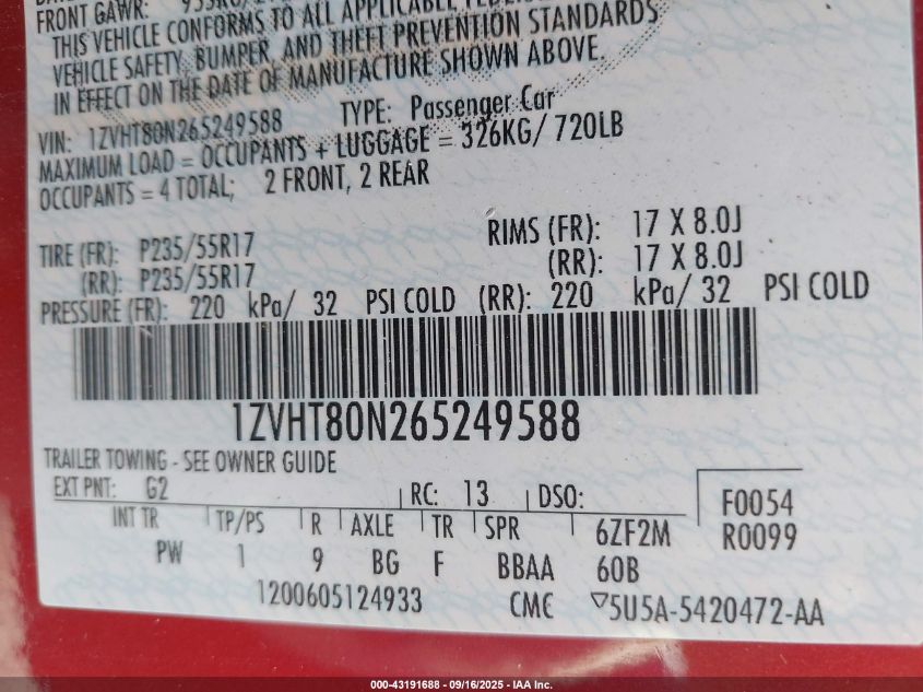 2006 Ford Mustang V6 VIN: 1ZVHT80N265249588 Lot: 43191688