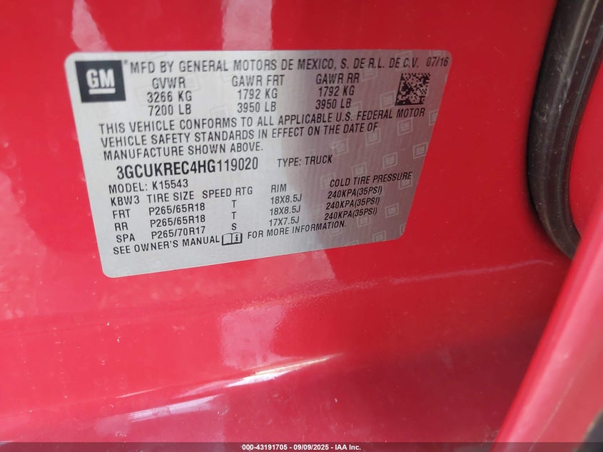 2017 Chevrolet Silverado 1500 2Lt VIN: 3GCUKREC4HG119020 Lot: 43191705