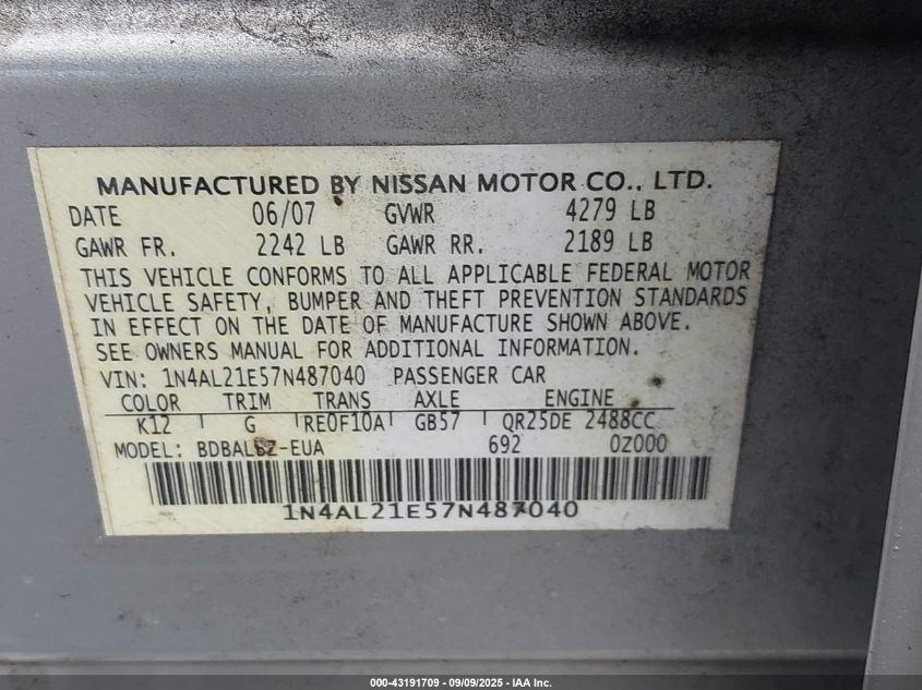 2007 Nissan Altima 2.5 S VIN: 1N4AL21E57N487040 Lot: 43191709