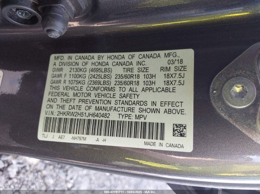 2018 Honda Cr-V Ex VIN: 2HKRW2H51JH640482 Lot: 43191711