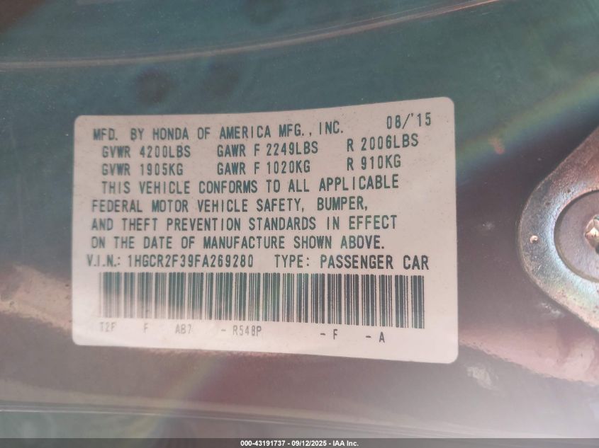 2015 Honda Accord Lx VIN: 1HGCR2F39FA269280 Lot: 43191737