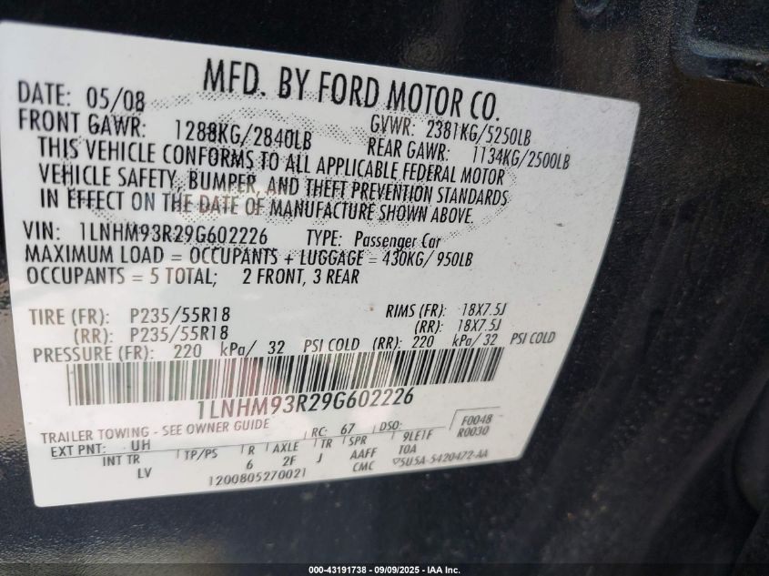 2009 Lincoln Mks VIN: 1LNHM93R29G602226 Lot: 43191738