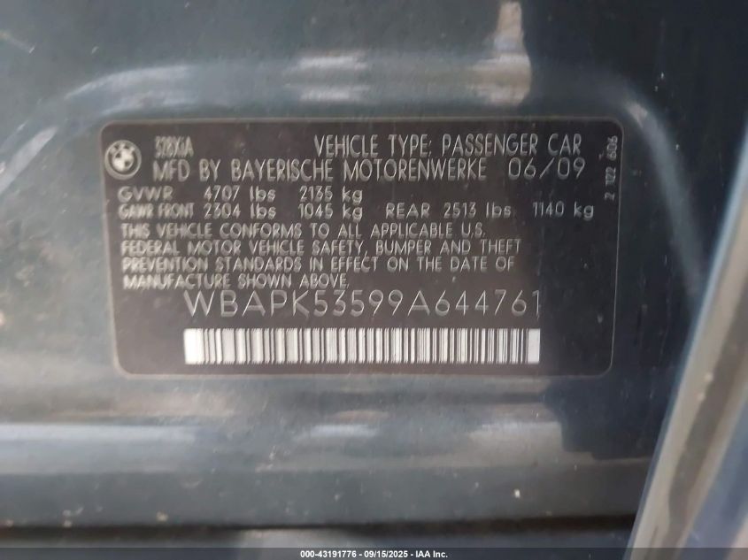 2009 BMW 328I xDrive VIN: WBAPK53599A644761 Lot: 43191776