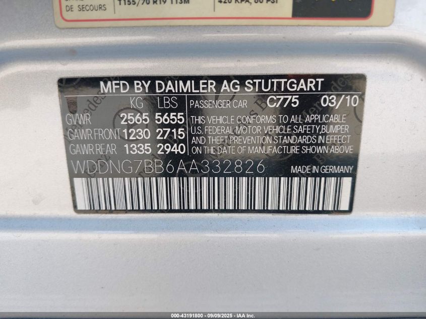 2010 Mercedes-Benz S 550 VIN: WDDNG7BB6AA332826 Lot: 43191800