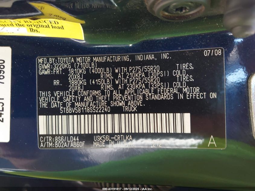 2008 Toyota Tundra Limited 5.7L V8 VIN: 5TBBV58118S522240 Lot: 43191817