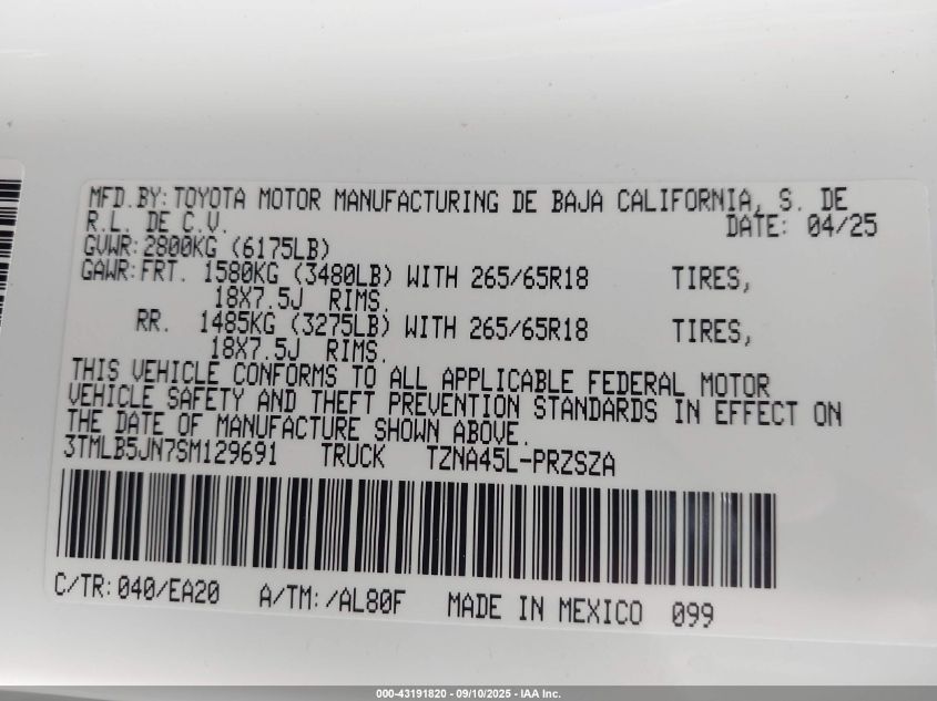 2025 Toyota Tacoma Trd Sport 4Wd VIN: 3TMLB5JN7SM129691 Lot: 43191820