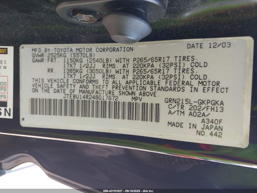 2004 Toyota 4Runner Sr5 Sport V6 VIN: JTEBU14R248017672 Lot: 43191827