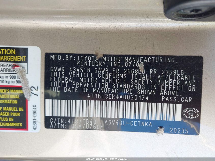 2010 Toyota Camry VIN: 4T1BF3EK4AU030174 Lot: 43191830