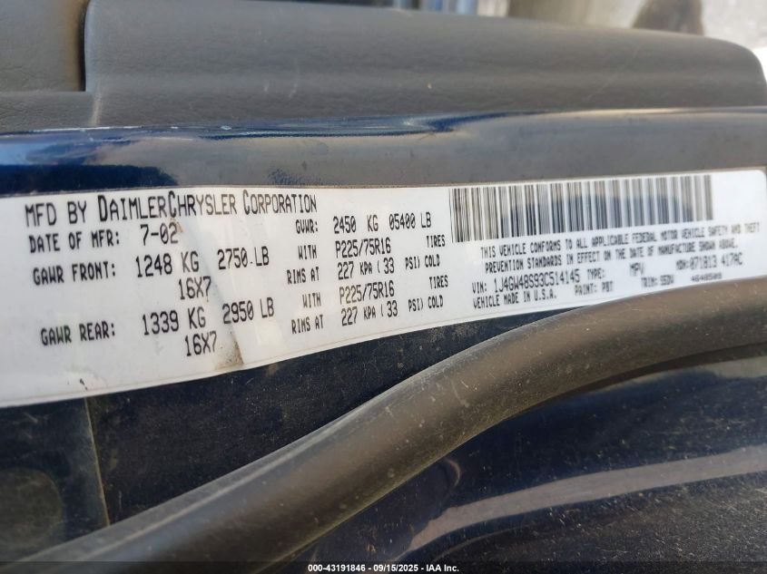 2003 Jeep Grand Cherokee Laredo VIN: 1J4GW48S93C514145 Lot: 43191846