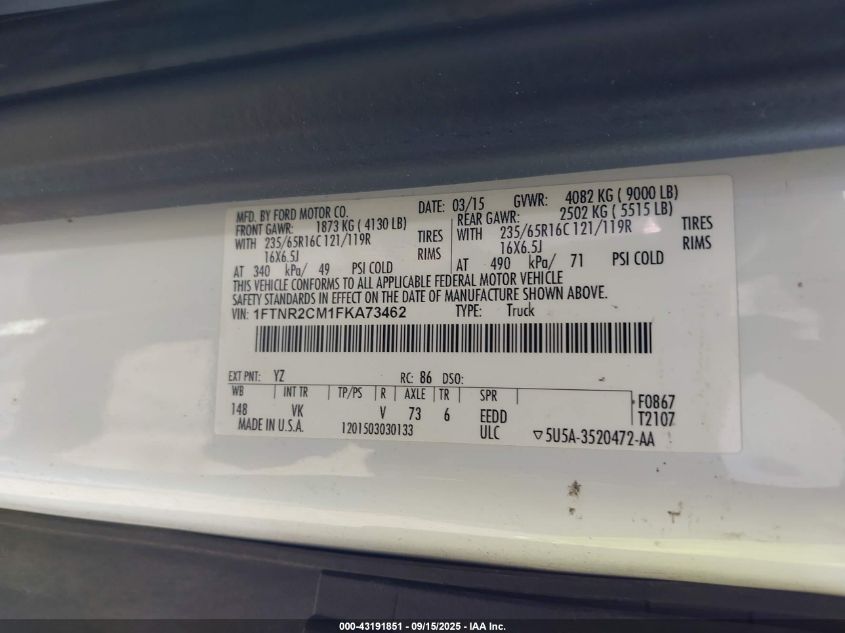 2015 Ford Transit-250 VIN: 1FTNR2CM1FKA73462 Lot: 43191851