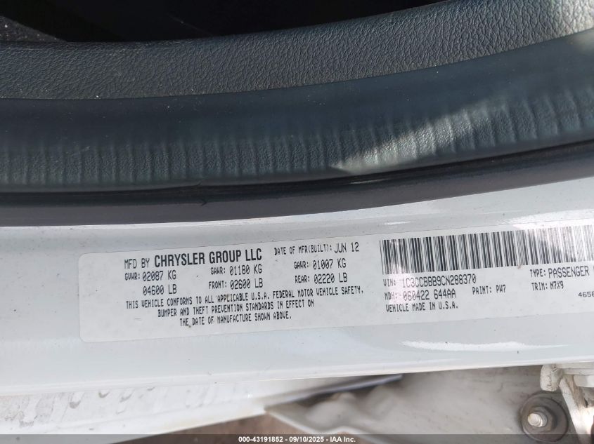 2012 Chrysler 200 Touring VIN: 1C3CCBBB9CN288370 Lot: 43191852