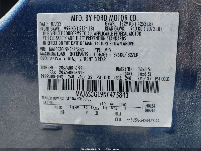 2022 Ford Ecosport Se VIN: MAJ6S3GL9NC475843 Lot: 43191868