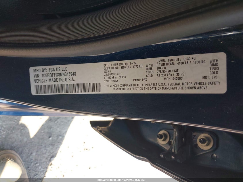 2022 Ram 1500 Big Horn 4X4 5'7 Box VIN: 1C6RRFFG8NN313948 Lot: 43191880