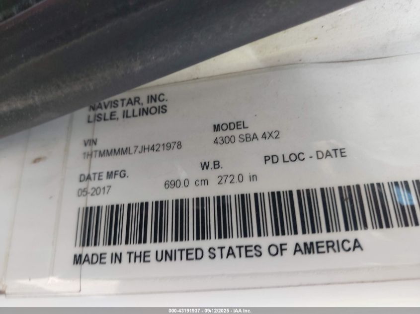 2018 International Durastar 4300 VIN: 1HTMMMML7JH421978 Lot: 43191937