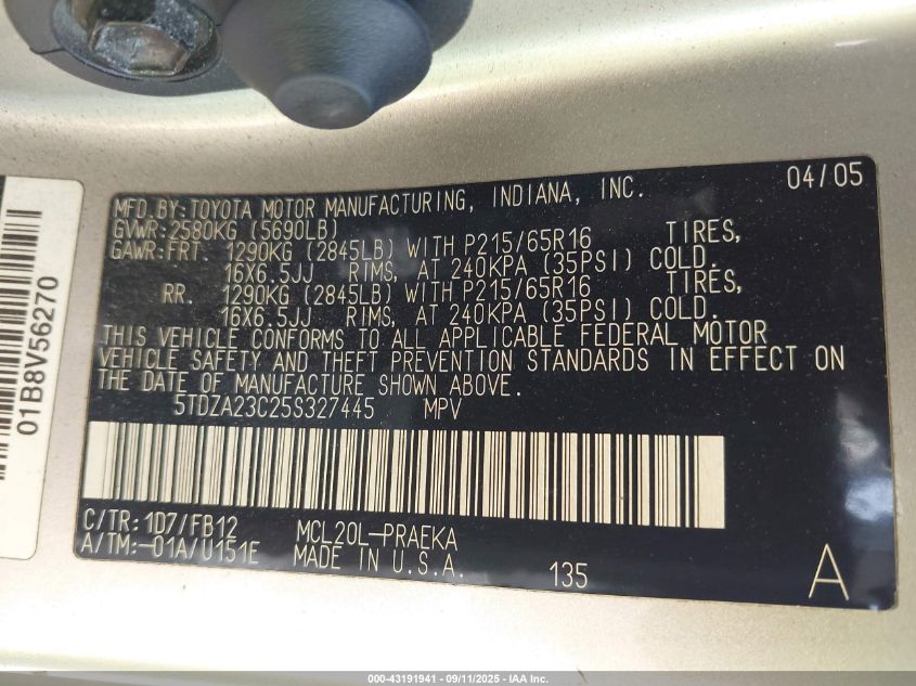 2005 Toyota Sienna Le VIN: 5TDZA23C25S327445 Lot: 43191941