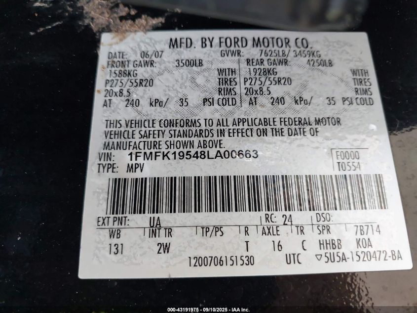 2008 Ford Expedition El Limited VIN: 1FMFK19548LA00663 Lot: 43191975