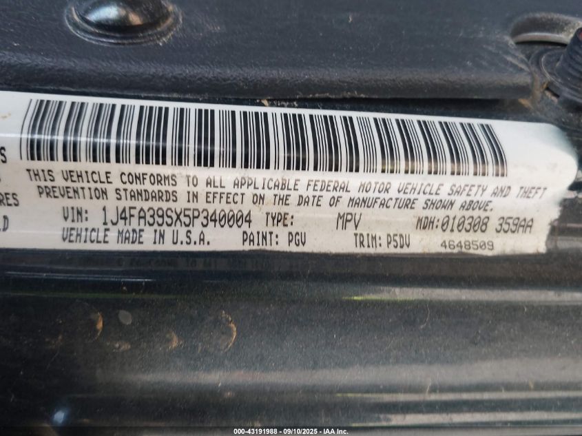 2005 Jeep Wrangler X VIN: 1J4FA39SX5P340004 Lot: 43191988