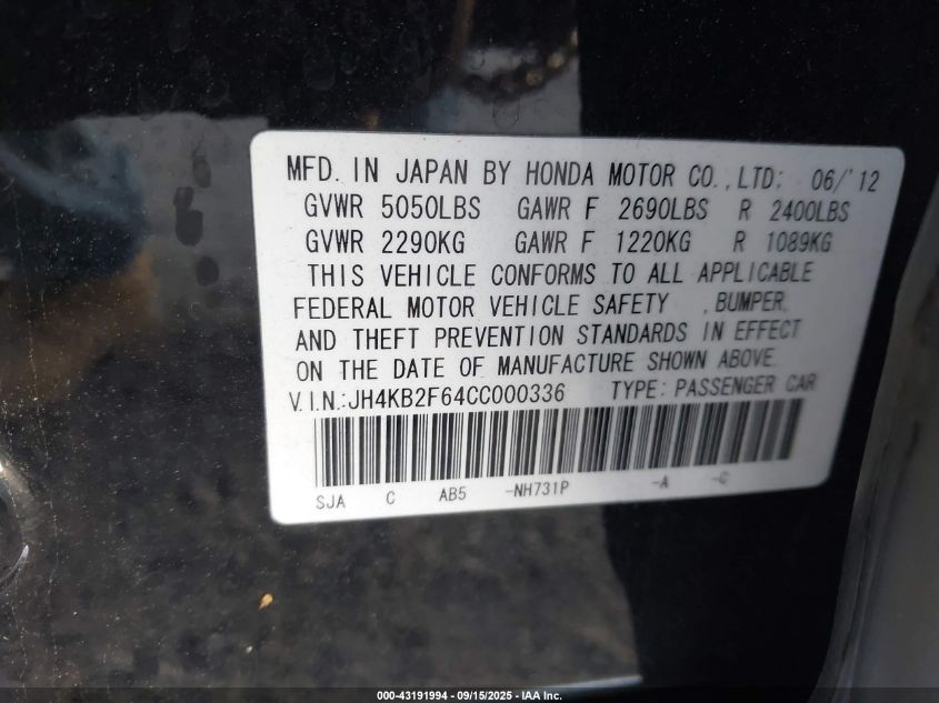 2012 Acura Rl 3.7L Technology Package VIN: JH4KB2F64CC000336 Lot: 43191994