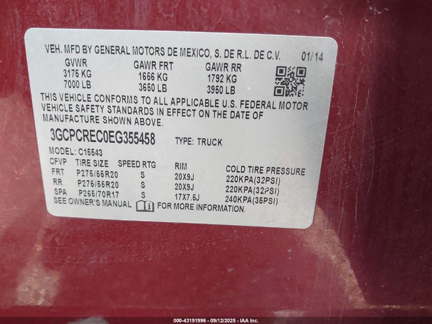 2014 Chevrolet Silverado 1500 1Lt VIN: 3GCPCREC0EG355458 Lot: 43191996