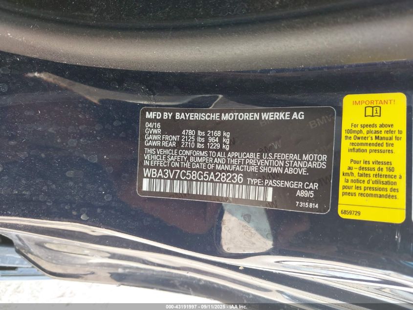 2016 BMW 428I VIN: WBA3V7C58G5A28236 Lot: 43191997