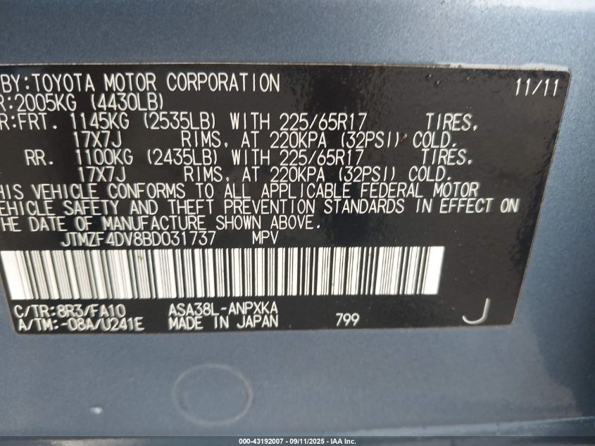2011 Toyota Rav4 VIN: JTMZF4DV8BD031737 Lot: 43192007